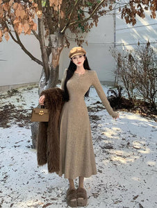 Elegant Slim High Waist Knit Dresses Women Autumn Winter Long Sleeve Thick Warm Long Dress Ladies Vintage Streetwear Vestidos