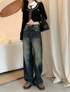 Women's Harajuku Style Loose Wide Leg Jeans Autumn Winter Street Fashion Retro Straight Loose Denim Trousers ﻿