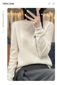 New autumn and winter 100% Merino pure color O-neck cashmere sweater women's casual knitted top pullover