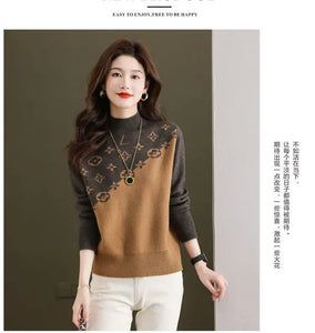 Half Turtleneck Sweater for Women Autumn Winter 2024 New Mother's Wear with Jacquard Casual Loose Pullover Top Bottoming