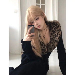 DEEPTOWN Leopard Cardigan Women Japanese Gyaru V-neck Long Sleeve Streetwear Slim Sexy Cardigan Sweater Y2k Vintage Top Autuam