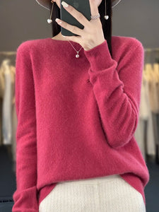 New autumn and winter 100% Merino pure color O-neck cashmere sweater women's casual knitted top pullover