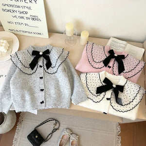 4607 Buy 2pcs Wholesale Girls Sweater 2024 Autumn Winter Korean Baby Girl's Knitted Sweater Bow Cardigan Coat