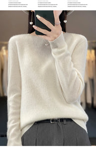 New autumn and winter 100% Merino pure color O-neck cashmere sweater women's casual knitted top pullover