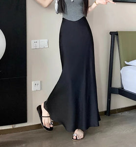 Women's Long Skirt Summer Silk High Waisted Satin Skirt 2024 Slim Fashion Korean Solid Champagne Black Midi Skirts for Women