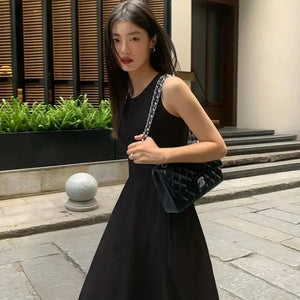 TKNOLEGE Summer New Round Neck SleevelessHigh Waist Temperament Female Fashion Style Dress Simple Elegant Black Long Dresses