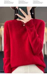 New autumn and winter 100% Merino pure color O-neck cashmere sweater women's casual knitted top pullover