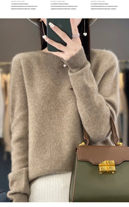 New autumn and winter 100% Merino pure color O-neck cashmere sweater women's casual knitted top pullover