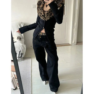 DEEPTOWN Leopard Cardigan Women Japanese Gyaru V-neck Long Sleeve Streetwear Slim Sexy Cardigan Sweater Y2k Vintage Top Autuam