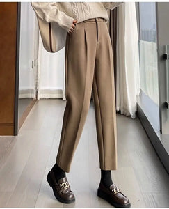 Chic Woolen Pants Women's Harem Pencil Pants 2024 Fall Winter High Waisted Casual Thick Suit Pants Office Lady Women Trousers