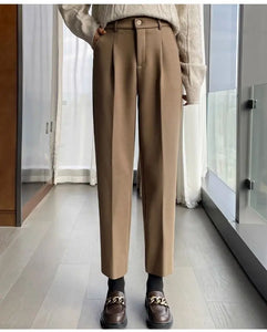 Chic Woolen Pants Women's Harem Pencil Pants 2024 Fall Winter High Waisted Casual Thick Suit Pants Office Lady Women Trousers