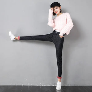 2023 Women Thermal Jeans Winter Snow Warm Plush Stretch Jeans Lady Skinny Thicken Fleece Denim Long Pants Retro Pencil Trousers